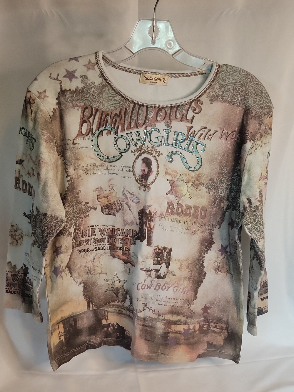 Cowgirl Graphic Long Sleeve Tee - Beige/Tan Print